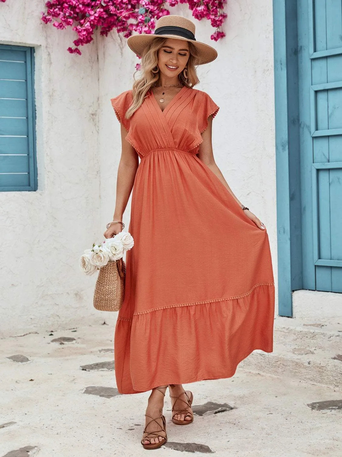 Ruffled Surplice Cap Sleeve Dress Casual Dresses - Tophatter Daily Deals
